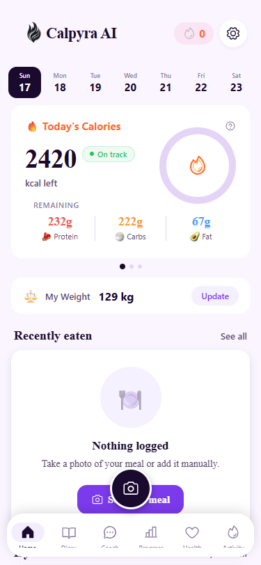 Calpyra Home — 2420 kcal daily budget, On track