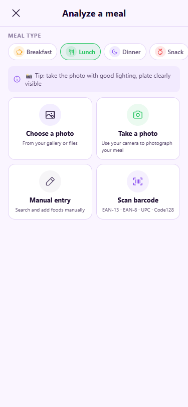 Scan menu — Photo / Camera / Manual / Barcode