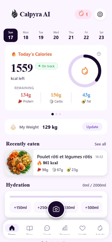 Home updated — 1559 kcal left, recently eaten with photo thumbnail