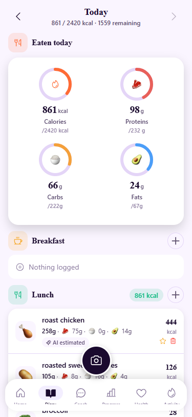 Diary breakdown — 4 macro rings + lunch detail with each food